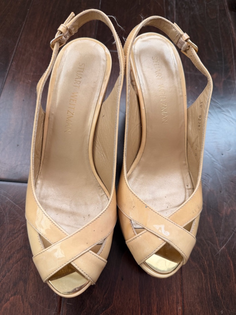 Stuart Weitzman Beige Patent Leather Peep-Toe Slingback Wedges